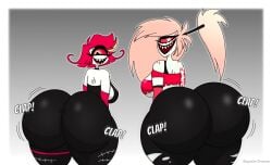 2girls ass ass_bigger_than_head ass_bigger_than_torso ass_clapping big_ass bottom_heavy breasts bubble_butt cherri_bomb clapping_cheeks clothing cyclops demon demon_girl fat_ass female female_only freckles gluteal_fold hazbin_hotel huge_ass hyper hyper_ass large_ass looking_at_viewer looking_back massive_ass niffty pink_hair png red_hair saputodraws smile thick_ass thick_thighs thunder_thighs twerking wide_hips