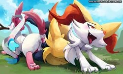 2boys ahe_gao all_fours anus ass blitzdrachin braixen canine cloud cum detailed_background duo eeveelution femboy feral fluffy furry gay girly grass hair heart interspecies knot knotting male male_only mammal nintendo painting paws penis pokémon_(species) pokemon pokemon_(species) pokemon_xy red_hair sex sky surprised sylveon testicles text tongue tongue_out trap_(disambiguation) url video_games watermark yaoi