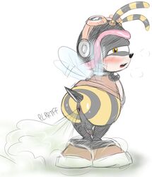 1boy antennae anthro anus armor arthropod ass backsack balls bee black_balls black_penis blush chaotix charmy_bee clothed clothing erection fart fart_cloud headgear helmet hi_res insect_wings insects jokiart knees_together_feet_apart knuckles'_chaotix looking_at_viewer looking_back male malelucarioftw onomatopoeia orange_eyes penis pleasure_face presenting presenting_hindquarters shirt solo sonic_(series) sonic_the_hedgehog_(series) stinger tapering_penis uncut video_games wings