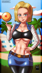 abs alternate_version_available android_18 blonde_hair cleavage curvy dragon_ball harekame huge_breasts short_hair wide_hips