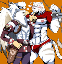 2boys 5_fingers abs anthro avian beak bearlovestiger13 bird blush bulge claws clothed clothing duo eagle feline fur gay grimoire_of_zero heart male male_only mammal mercenary_(character) nipples partially_clothed pecs red_underwear striped_fur striped_tail stripes tiger tuft underwear white_fur yaoi