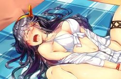 alternate_costume armpit_crease beach_mat bikini black_hair blush breasts cleavage closed_eyes clothed_sex collarbone commentary day eyebrows_visible_through_hair eyes_visible_through_hair female hair_ornament hairband hairclip haruna_(kantai_collection) headgear heart highres implied_sex kantai_collection large_breasts long_hair navel open_mouth outdoors parka partially_unzipped saliva saliva_trail shiny shiny_skin skindentation solo spread_legs stomach swimsuit tearing_up thigh_strap thighs tsukui_kachou white_bikini white_parka