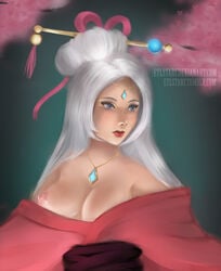 big_breasts breast_slip breasts breasts_out etlstary exposed_breasts female female_focus female_only lian_(paladins) looking_away necklace nipples nude paladins simple_background solo white_hair yukata