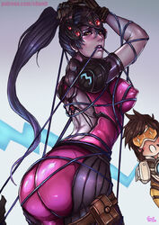 blizzard_entertainment blue_skin blush bodysuit bondage clothed female kachima nipple_bulge overwatch patreon_username pokies rope shiny_suit solo_focus sweatdrop tracer widowmaker