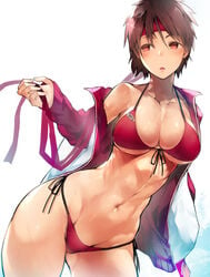 bangs bikini breasts brown_hair capcom collarbone commentary cowboy_shot eyebrows_visible_through_hair eyes hair_between_eyes hairband highres jacket large_breasts navel nishiide_kengorou open_clothes open_jacket open_mouth red red_bikini red_hairband sakura_kasugano short_hair street_fighter swimsuit white_background white_jacket