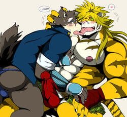 2017 abs anthro bearlovestiger13 black_nose blush bulge canine claws clothing duo erection fangs feline fundoshi heart japanese_clothing macan_(tokyo_afterschool_summoners) magan male male_only mammal moritaka muscular muscular_male pecs pink_nose striped_tail stripes teeth tiger tokyo_afterschool_summoners tongue tongue_out underwear yaoi