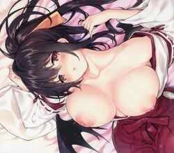 1girls akeno_himejima black_hair blush breasts breasts_exposed brown_eyes cartoony collarbone demon_girl demon_wings devil_wings erect_nipples female female_only half-dressed head_tilt high_resolution high_school_dxd high_school_dxd_hero humanoid large_breasts laying_down long_hair looking_at_viewer nipples pouting ribbon shrine_maiden smooth_skin very_long_hair