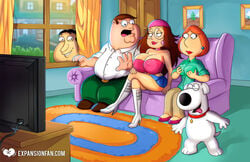 2girls 3boys alternate_breast_size boots breast_envy brian_griffin expansion-fan-comics family_guy female glasses glenn_quagmire high_heel_boots huge_breasts lois_griffin male meg_griffin multiverse_meg nipples peter_griffin thighs