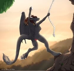 anthro breasts brown_hair claws digitigrade dragon female fur furred_dragon grey_fur hair hindpaw looking_back membranous_wings nipples nude outside pawpads paws pussy rope rope_swing sharp_teeth smile solo tail_tuft teeth toe_claws tree tuft wings zafara_(artist)