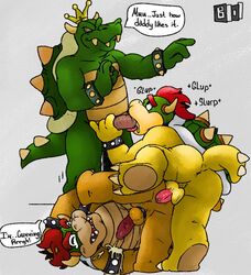 3boys anal anal_sex anus ass balls bowser bowserboy101 cum dhx_media dialogue english_text erection full_body gay grey_background hair king_koopa koopa male male_only mammal mario_(series) multiple_boys nintendo penetration penis red_hair scalie selfcest sex simple_background speech_bubble square_crossover standing super_mario_64 super_mario_bros. testicles text the_super_mario_bros._super_show! video_games yaoi