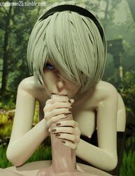 1boy 1girls 2018 3d animated blender blue_eyes breasts crossman25 eye_contact fellatio female hair_over_one_eye hairband handjob huge_cock light-skinned_female light_skin looking_at_viewer male medium_breasts nail_polish nier nier:_automata no_sound oral pale-skinned_female pale_skin penis pov short_hair shorter_than_10_seconds stockings tagme thighhighs two-handed_handjob vertical_video video white_hair yorha_2b
