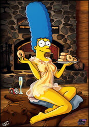 bear_skin_rug beer beer_can blue_hair breasts cabin champagne_glass darkmatter donut female female_only fireplace high_resolution hunting_rifle marge_simpson mature_woman milf mother night_gown nipples nude platter solo the_simpsons transparent_night_gown vacation vagina very_high_resolution yellow_skin