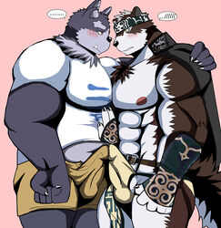 2017 5_fingers abs anthro bearlovestiger13 black_nose blush bulge canine claws duo fangs horkeukamui male male_only mammal muscular muscular_male nipples pecs tokyo_afterschool_summoners tsathoggua tsathoggua_(cthulhu) wolf yaoi