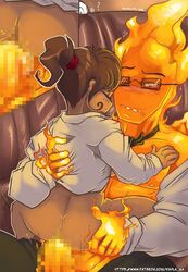 1boy 1girls censored clothing female female_on_anthro fire_elemental grillby human kayla-na male monster straight undertale upright_straddle vaginal_penetration