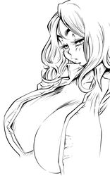 balak black_and_white breasts cleavage covered_nipples female female_only huge_breasts large_breasts solo squint white_background