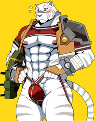 1boy 2018 5_fingers abs anthro bearlovestiger13 blush bulge claws clothing feline fundoshi fur grimoire_of_zero japanese_clothing male male_only mammal mercenary_(character) muscular muscular_male partially_clothed pecs red_underwear simple_background solo striped_fur striped_tail stripes tiger tuft underwear yellow_background