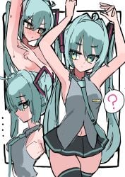 arms_up blue_eyes blue_hair blush embarrassed fully_clothed fully_naked fully_nude hair_ornament hand_on_breast hatsune_miku looking_at_viewer looking_away multiple_views naked open_mouth side_view skirt small_breasts sweat sweating thick_thighs thighhighs tie yatsuwo_emiya