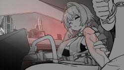 1boy 1girls animated bare_shoulders black_bra black_jacket blue_eyes blush bouncing_breasts bra breasts car car_interior clenched_hand driving erection eyebrows_visible_through_hair girls'_frontline girls'_frontline_2:_exilium greyscale handcuffs handjob head_out_of_frame headband hi_res large_breasts large_penis monochrome motor_vehicle night off_shoulder parted_lips pencil_skirt penis penis_grab penis_out police_car police_uniform policewoman restrained short_hair sidelocks skirt steering_wheel straight unzipped video vsk-94_(girls'_frontline) xandier59