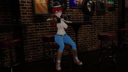 1girls 3d bar beer beer_mug belly_button big_breasts blender blush boots breasts cowboy_hat cowgirl cowgirl_outfit freckles glasses gloves green_eyes hanging_breasts jeans koikatsu leather_boots leather_gloves leather_jacket long_hair mintyboi navel no_bra no_sex red_hair samantha_hubbard_(mintyboi) seductive seductive_smile smile stool tits_out topless