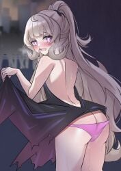 1girls ass ass_focus back back_view bare_back bare_shoulders bare_thighs big_ass big_butt black_dress blush blushing blushing_at_viewer butt butt_focus dress dress_lift exposed_back exposed_shoulders finger_over_mouth ghost_girl gray_hair grey_hair heart-shaped_pupils hi_res highres lifting_dress long_hair long_ponytail looking_at_viewer looking_back nananyan nijisanji nijisanji_en panties pink_panties ponytail purple_eyes reimu_endou showing_ass showing_off showing_panties solo solo_female solo_focus steamy_breath sweatdrop sweating sweaty thighs virtual_youtuber