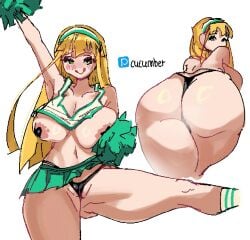 :q areola_slip artist_request black_panties blonde_hair breasts cheerleader cucumber201 female green_eyes green_hairband hairband highres large_breasts long_hair nam_seon-ji panties pasties pixel_art pom_pom_(cheerleading) simple_background skirt tongue tongue_out underwear white_background zombie_high_school