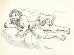 2017 anthro arm_support balls bed feline flaccid leaning_on_elbow lion lying male male_only mammal mane monochrome nude on_side penis pillow reclining scale_(artist) solo tail_tuft tuft