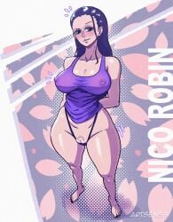 1girls artsens8 breasts clothing female female_focus female_only nico_robin nipples_visible_through_shirt one_piece panties pubic_hair pussy_peek tagme thong