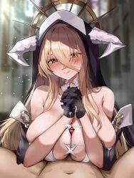 1boy 1girls absurdres after_paizuri azur_lane bar_censor bare_shoulders black_gloves blonde_hair blush breasts censored cleavage cum cum_on_body cum_on_breasts cum_on_gloves fake_horns female full-face_blush gloves hair_between_eyes half_gloves highres horns huge_breasts implacable_(azur_lane) indoors light-skinned_female light-skinned_male light_skin long_hair long_hair_between_eyes looking_at_viewer male_pov nun paizuri pov pov_crotch praying red_eyes royal_navy_(azur_lane) she_taizi straight upper_body white_horns