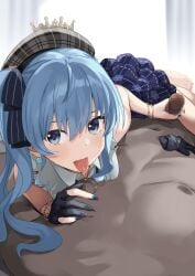 arou_(arrow_x666) beret blue_eyes blue_hair blue_shirt bracelet earrings handjob hat highres hololive hoshimachi_suisei jewelry licking licking_nipple looking_at_viewer nipple_stimulation pleated_skirt reverse_nursing_handjob shirt skirt tongue tongue_out virtual_youtuber