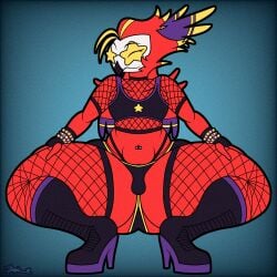 ars_goetia booty_shorts crop_top crouched crouching doopie doopkaboom_(artist) facing_viewer faggot fishnets goetia helluva_boss high_heel_boots high_heels legs_spread navel_piercing solo tagme thong vassago_(helluva_boss) vivziepop