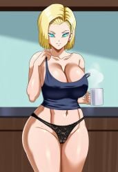 1woman ai_generated android_18 android_18_(pinkpawg) big_breasts black_panties blonde_hair coffee_mug dragon_ball holding_mug holding_strap kitchen lacy_panties looking_at_viewer off_shoulder panties pinkpawg pinkpawg(artstyle) short_hair tank_top thick_thighs