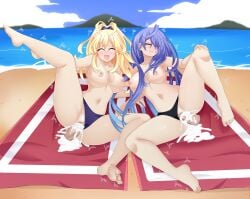 2girls bangs beach big_breasts blonde_hair breasts clitoris cum cum_in_pussy cum_inside cute_fang female floating_penis iris_heart neptunia_(series) nipples ocean oerba_yun_fang open_mouth peashy penis plutia purple_hair pussy pussy_juice santystuff sex spread_legs swimsuit swimsuit_aside tagme tan tanlines twitching yellow_hair yellow_heart_(neptunia)