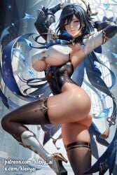 ai_generated arm_warmers arms_behind_head armwear ass big_ass big_breasts black_hair black_hair_female blue_eyes blush blush boob_window boots breasts clorinde_(genshin_impact) clothed clothed_female clothing female female_focus female_only genshin_impact gloves hair_ornament hourglass_figure hourglass_figured_female huge_ass huge_breasts klexyai long_hair looking_down looking_down_at_viewer partially_clothed partially_clothed_female patreon patreon_username pose posing shiny shiny_skin smile smiling smiling_at_viewer solo solo_female solo_focus thick_thighs thigh_highs thighhighs underboob voluptuous voluptuous_female