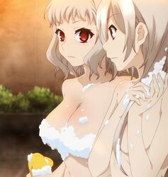 2girls bath bathtub breasts covering covering_nipples fate/kaleid_liner_prisma_illya fate_(series) foam large_breasts leysritt leysritt_(fate) long_hair medium_breasts multiple_girls nude red_eyes sella sella_(fate) short_hair silver_hair voluptuous