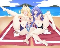 2girls bangs beach big_breasts blonde_hair breasts clitoris cum cum_in_pussy cum_inside cute_fang floating_penis iris_heart light-skinned_female neptunia_(series) nipples ocean oerba_yun_fang open_mouth peashy penis plutia purple_hair pussy pussy_juice santystuff sex spread_legs swimsuit swimsuit_aside tagme twitching yellow_hair yellow_heart_(neptunia)