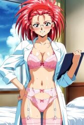 1girls ai_generated azazel454 bed bedroom blush blushing_at_viewer breasts clipboard female female_only glasses green_eyes inviting lab_coat labcoat lingerie lipstick long_hair looking_at_viewer posing red_hair red_headband solo tagme tenchi_muyo! washu_hakubi