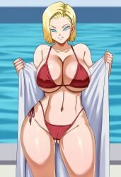 ai_generated android_18 android_18_(pinkpawg) big_ass big_breasts bikini blonde_hair dragon_ball indoor_pool looking_at_viewer pinkpawg pinkpawg(artstyle) red_bikini revealing short_hair smile thick_thighs towel