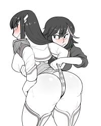 2girls ass blush breasts commission epaulettes grin hair_ornament hairclip highres incest junketsu kill_la_kill kiryuuin_satsuki krekkov long_hair matoi_ryuuko medium_breasts monochrome multiple_girls naughty_face panties panty_pull senketsu short_hair siblings simple_background sisters smile spot_color striped_clothes striped_panties thighhighs underwear wedgie white_background yuri