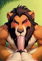 abs ai_generated anthro anthro_male balls biceps big_penis blowjob blush deepthroat erection furry gay green_eyes lion looking_at_viewer male male/male male_only muscular muscular_male nipples nude_male pecs penis penis_in_mouth scar_(the_lion_king) scar_on_face the_lion_king toned_body toned_male twall97 wink winking yellow_sclera