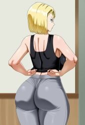 adjusting_clothes ai_generated android_18 annoyed annoyed_expression big_ass big_breasts black_tank_top blonde_hair dragon_ball grey_leggings leggings looking_at_viewer looking_over_shoulder pinkpawg pinkpawg(artstyle) short_hair tank_top thick_thighs tight_leggings