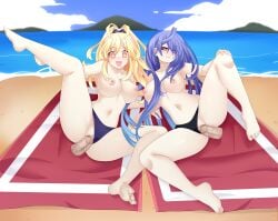 2girls bangs beach big_breasts blonde_hair breasts clitoris cute_fang floating_penis iris_heart light-skinned_female neptunia_(series) nipples ocean oerba_yun_fang open_mouth peashy penis plutia purple_hair pussy pussy_juice santystuff sex spread_legs swimsuit swimsuit_aside tagme yellow_hair yellow_heart_(neptunia)