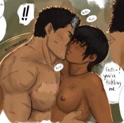 1boy 1boy1girl 1girls akistrike berserk big_muscles big_pecs black_hair canon_couple casca completly_nude couple dark-skinned_female dark_skin dialogue female guts_(berserk) happy interracial intimate kissing light-skinned_male light_skin love making_love male muscular muscular_male nude pecs romantic short_hair smile text wholesome wound