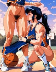 1980s_(style) 2girls abs ai_generated athletic_female basketball basketball_court basketball_uniform biceps black_hair bottomless close-up clothed_female_nude_female exhibitionism kissing_thigh muscular_female muscular_thighs original original_character outdoors outside ponytail pubic_hair public public_exposure public_indecency public_nudity pulling_down_shorts pussy sweat thighs toned_female yuri