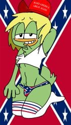 2d anthro arm_behind_head arm_up avian avian_humanoid belly belly_button bird bird_humanoid blonde_hair blush breadwinners confederate_flag duck eye_contact eye_contact_pov feathers femboy funny furry green_feathers humor kneehighs kneeling kneesocks looking_at_viewer make_america_great_again male male_only nickelodeon nicktoons politics pov raceplay racism racist_man shirt solo_focus solo_male svenniehoek swaysway tail text thong wtf