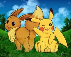 2018 2boys big_testicles brown_fur canine digital_media_(artwork) duo eevee feral fur furry looking_at_viewer male male_only mammal nintendo open_mouth pikachu pokémon_(species) pokemon pokemon_rgby presenting rodent sheath smile testicles text thick_thighs video_games watermark wide_hips yellow_fur zekromlover