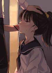 1boy absurdres bar_censor blush censored cum cum_in_mouth cum_on_body facial fellatio female hand_on_another's_head highres irrumatio kissing_penis momendoufu oral original ponytail sailor_collar school_uniform serafuku