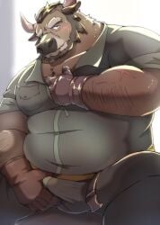 2025 anthro belly blush bottomwear bovid bovine brown_body bulge cattle clothing emufu hi_res kemono male mammal musclegut muscular only_male overweight overweight_male pants scar shirt sitting solo topwear