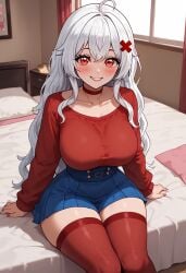 1girls ai_generated bed bedroom big_ass breasts breasts_bigger_than_head busty busty_female butt clothed curvy_figure erispheria female_focus highres legs_together leotard long_hair looking_at_viewer looking_pleasured red_eyes shirt sitting_on_bed smile smiling_at_viewer thick_thighs twitch twitter voluptuous_female vtuber white_hair wide_hips youtube youtube_hispanic