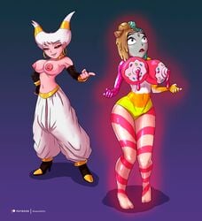 2girls alien alternate_breast_size breast breasts candy commission dc dc_comics digital_media_(artwork) dragon_ball dragon_ball_z expansion female female_majin female_only grey_skin human humanoid jinx_(dc) lactation majin multiple_girls patreon photoshop pink_hair purple_hair raven_(dc) shadow2007x teen_titans transformation unusual_lactation