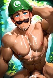 1boy abs ai_generated arm_behind_head armpit armpit_hair biceps blue_eyes brown_hair cum cum_on_chest cum_on_face cum_on_pecs erection facial_hair gay genitals green_hat hat humanoid light-skinned_male light_skin looking_at_viewer luigi male male_nipples male_only mario_(series) moustache muscular muscular_male nintendo nipples nude nude_male outdoors pecs penis smiling smiling_at_viewer solo solo_male sweat sweating